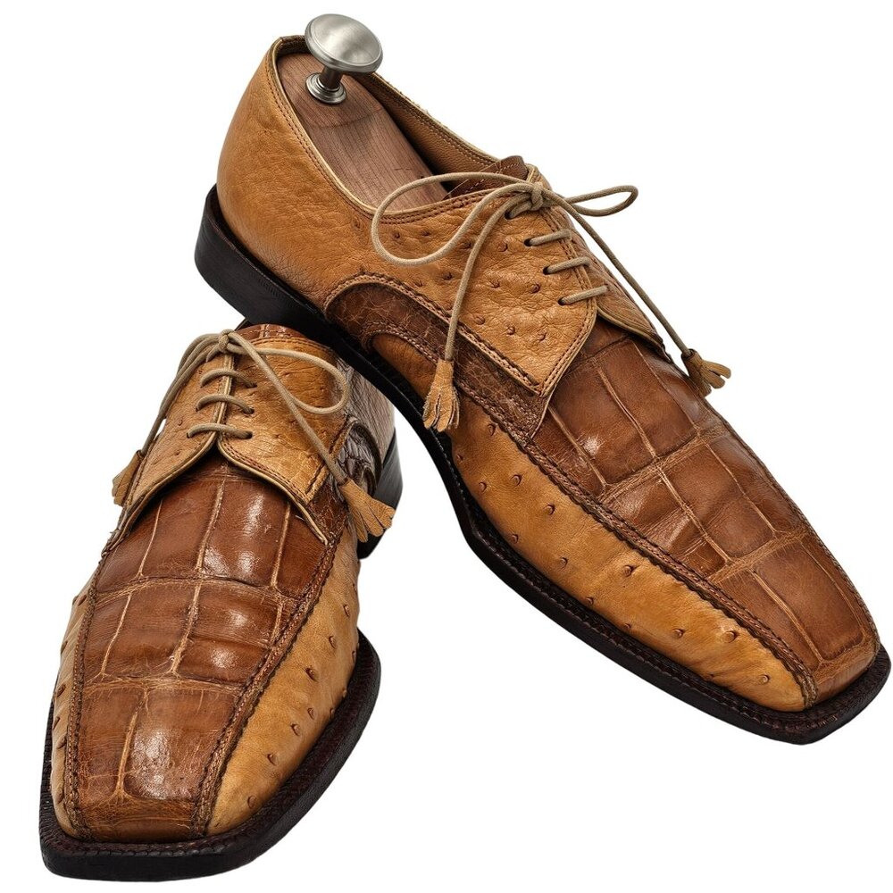 Vintage David Eden Exotic Ostrich Alligator Derby Italy Men 12 Full Quill Dress - Picture 10 of 13